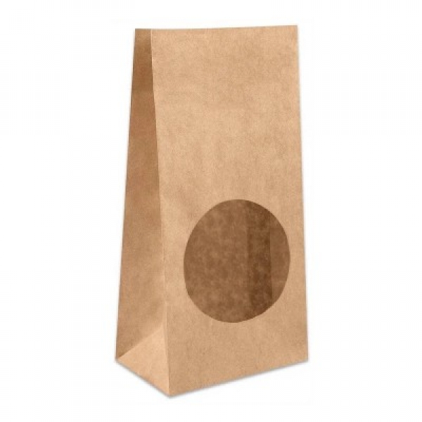 Пакет крафт однослойный 120*80*250 мм с круглым окном, плотность 70 гр/м2